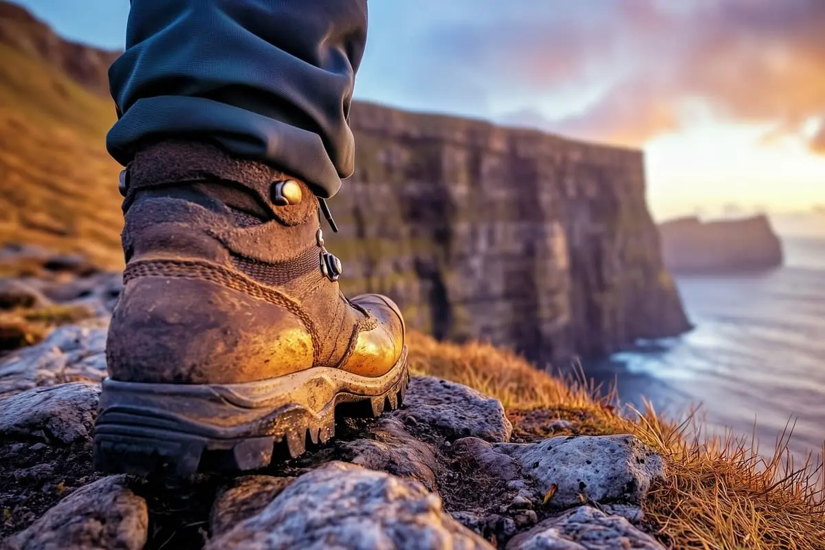 Close-up of a boot stepping on grass and stone in the Faroe Islands