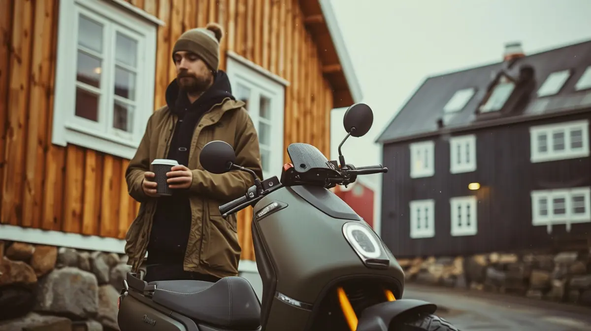 Bearded man in beanie drinking coffee behind an electric scooter in the Faroe Islands