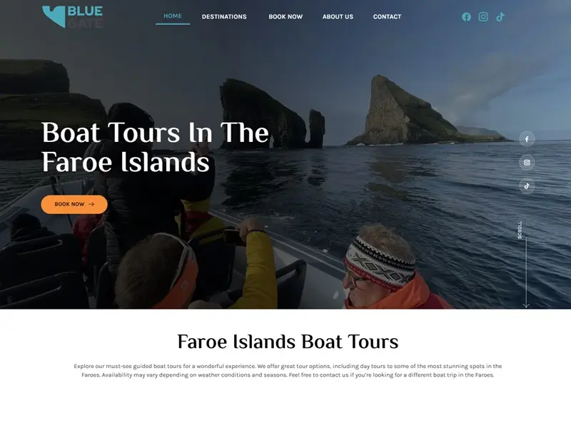 Screenshot of BlueGate boat tours landing page showing a RIB boat near the Drangarnir sea stacks on Vágar, Faroe Islands.