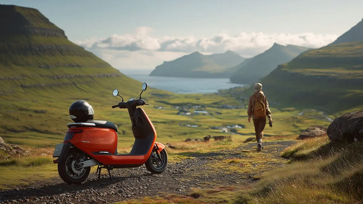 Orange electric scooter with helmet, solo traveler walking toward nature