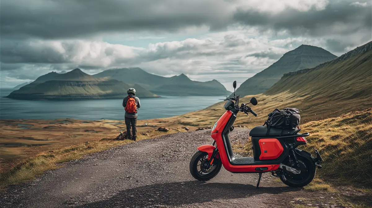 Red electric scooter in foreground with traveler in helmet admiring hidden nature views in the Faroe Islands